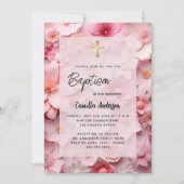 バプテスマ赤面ピンク花ベビーガール 招待状 (正面)