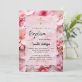 バプテスマ赤面ピンク花ベビーガール 招待状 (スタンド正面)