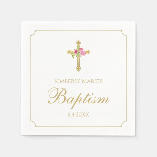 バプテスマ金ゴールドクロスピンクローズフローラ スタンダードカクテルナプキン (正面)