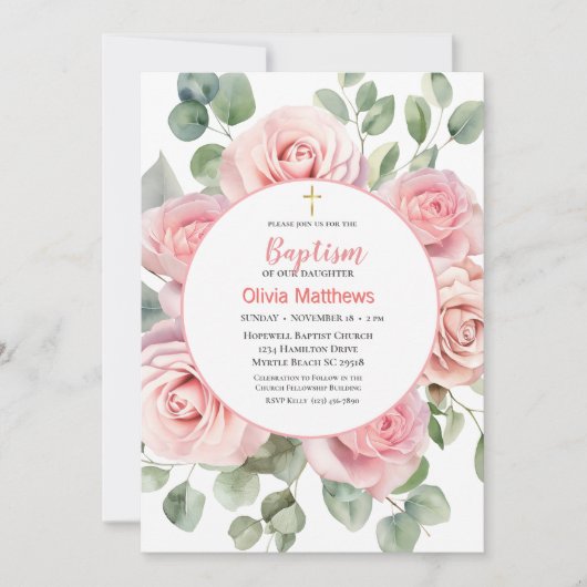 バプテスマ金ゴールドクロスピンクローゼガールズ 招待状 (正面)