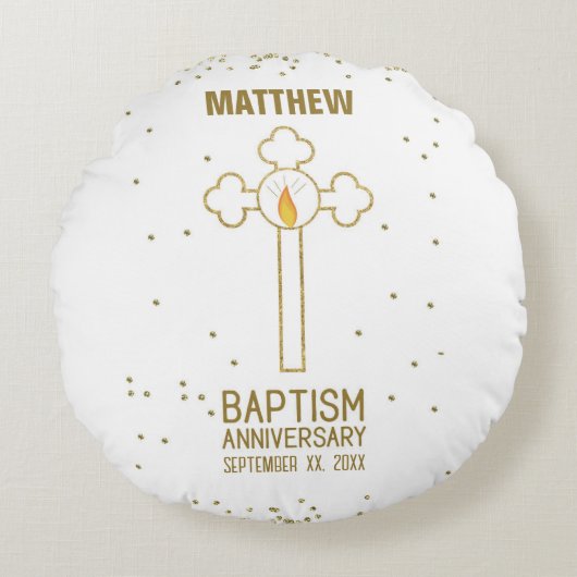 バプテスマ金ゴールド十字記念日パーソナライズされた ラウンドクッション (正面)