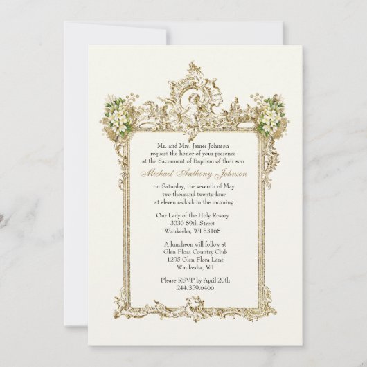 バプテスマ金ゴールド天使フローラヴィンテージ 招待状 (正面)