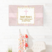 バプテスマ1stバースデーガールピンク金ゴールド文字水玉模様 横断幕 (インサイチュ)