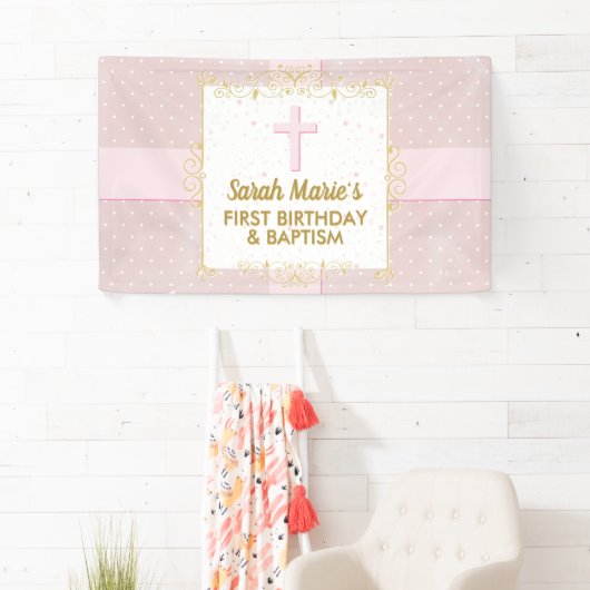 バプテスマ1stバースデーガールピンク金ゴールド文字水玉模様 横断幕 (インサイチュ)