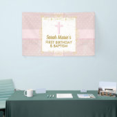 バプテスマ1stバースデーガールピンク金ゴールド文字水玉模様 横断幕 (トレードショー)