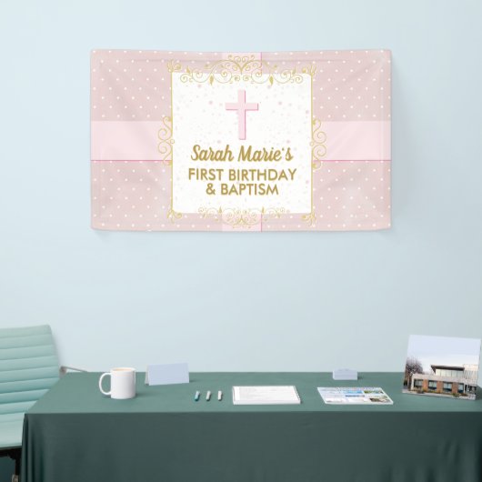 バプテスマ1stバースデーガールピンク金ゴールド文字水玉模様 横断幕 (トレードショー)