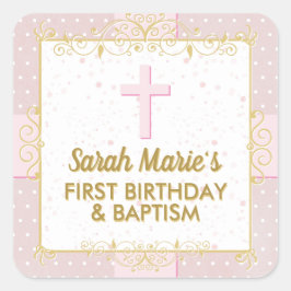 バプテスマ1stバースデーピンク金ゴールド文字水玉模様 スクエアシール