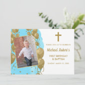 バプテスマ1stバースデーブルー金ゴールド文字写真 招待状 (スタンド正面)