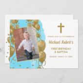 バプテスマ1stバースデーブルー金ゴールド文字写真 招待状 (正面/裏面)