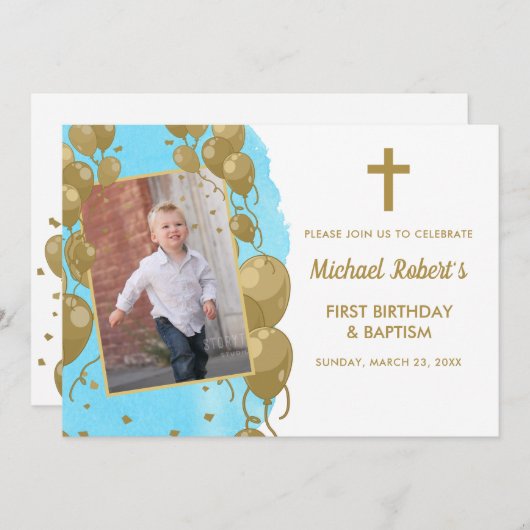 バプテスマ1stバースデーブルー金ゴールド文字写真 招待状 (正面/裏面)