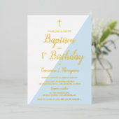 バプテスマ1st誕生日招待状ブルー金ゴールドクロス 箔招待状 (立ち正面)