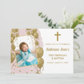 バプテスマ1thバースデーピンク金ゴールド文字写真 招待状 (スタンド正面)