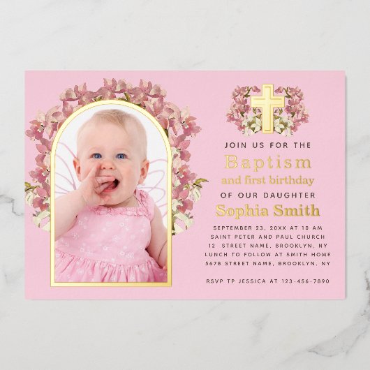 バプテスマ1th誕生日ピンクの女の子フォトアーチ蘭 箔招待状 (正面)