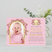 バプテスマ1th誕生日ピンクの女の子フォトアーチ蘭 箔招待状 (立ち正面)