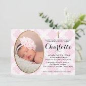 バプテスマ、《キリスト教》洗礼式や命名式の招待、ピンクとフェイク金ゴールド 招待状 (スタンド正面)