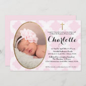 バプテスマ、《キリスト教》洗礼式や命名式の招待、ピンクとフェイク金ゴールド 招待状 (正面/裏面)