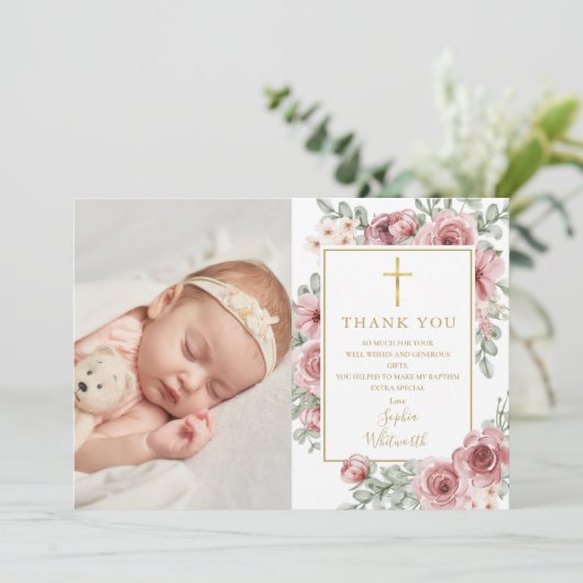 バプテスマ《キリスト教》洗礼式や命名式ほこりっぽいバラフローラ写真 サンキューカード (スタンド正面)