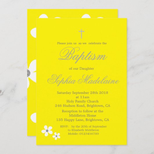 バプテスマ《キリスト教》洗礼式や命名式イエローデイジーシルバーガール 招待状 (正面/裏面)