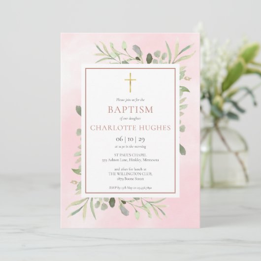 バプテスマ《キリスト教》洗礼式や命名式ウォーターカラーグリーナリーバラ金ゴールド 招待状 (スタンド正面)