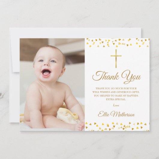 バプテスマ《キリスト教》洗礼式や命名式エレガントゴールデンハート写真 サンキューカード (正面)