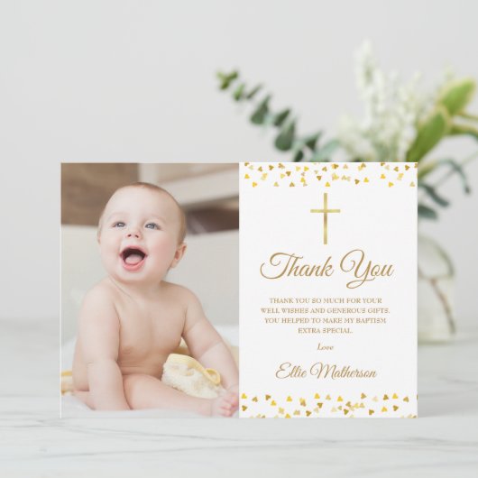 バプテスマ《キリスト教》洗礼式や命名式エレガントゴールデンハート写真 サンキューカード (スタンド正面)