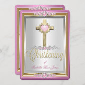 バプテスマ《キリスト教》洗礼式や命名式ガールズクロスピンクパール2 招待状 (正面/裏面)