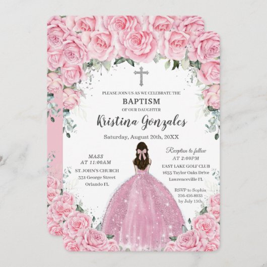 バプテスマ《キリスト教》洗礼式や命名式ガールピンクフローラシルバークロス 招待状 (正面/裏面)
