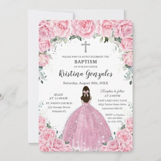バプテスマ《キリスト教》洗礼式や命名式ガールピンクフローラシルバークロス 招待状 (正面)
