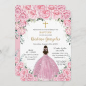 バプテスマ《キリスト教》洗礼式や命名式ガールピンクフローラ金ゴールドクロス 招待状 (正面/裏面)