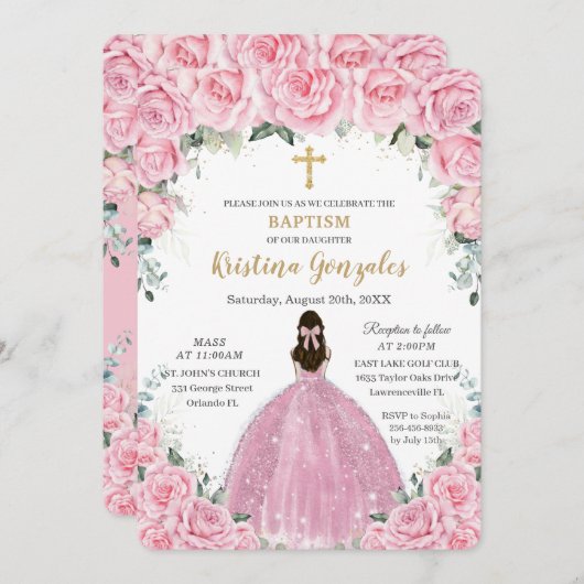 バプテスマ《キリスト教》洗礼式や命名式ガールピンクフローラ金ゴールドクロス 招待状 (正面/裏面)