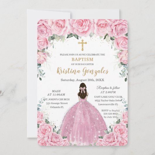 バプテスマ《キリスト教》洗礼式や命名式ガールピンクフローラ金ゴールドクロス 招待状 (正面)