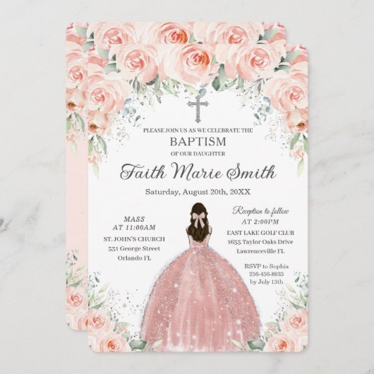 バプテスマ《キリスト教》洗礼式や命名式ガール赤面フローラバラシルバー 招待状 (正面/裏面)