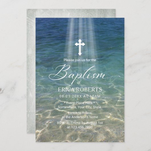 バプテスマ《キリスト教》洗礼式や命名式クロスインホーリーライトビーチ 招待状 (正面/裏面)