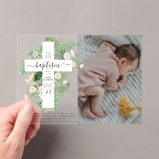 バプテスマ《キリスト教》洗礼式や命名式クロスグリーンカスタムリー写真 アクリル招待状 (インサイチュ (ポータブル))