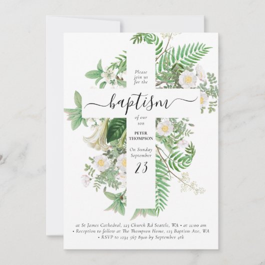 バプテスマ《キリスト教》洗礼式や命名式クロスグリーン男女兼用リー 招待状 (正面)