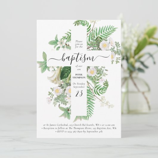 バプテスマ《キリスト教》洗礼式や命名式クロスグリーン男女兼用リー 招待状 (スタンド正面)