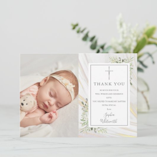 バプテスマ《キリスト教》洗礼式や命名式グリーンリーマーブルスワール写真 サンキューカード (スタンド正面)
