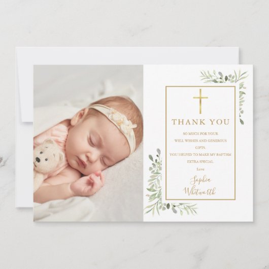 バプテスマ《キリスト教》洗礼式や命名式グリーンリー写真コラージュ サンキューカード (正面)