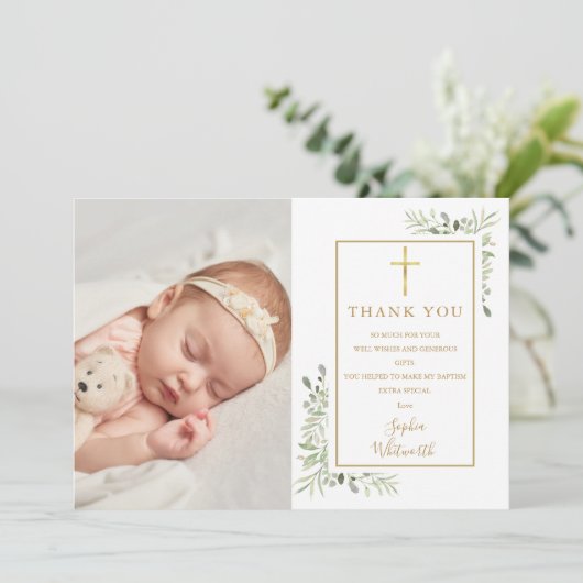 バプテスマ《キリスト教》洗礼式や命名式グリーンリー写真コラージュ サンキューカード (スタンド正面)