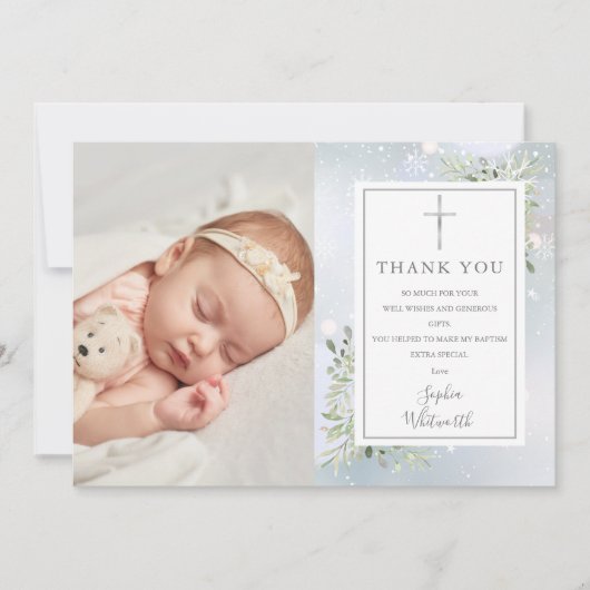 バプテスマ《キリスト教》洗礼式や命名式グリーンリー冬の写真 サンキューカード (正面)