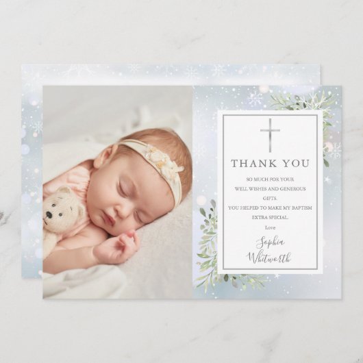 バプテスマ《キリスト教》洗礼式や命名式グリーンリー冬の写真 サンキューカード (正面/裏面)