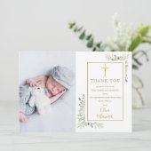 バプテスマ《キリスト教》洗礼式や命名式グリーンリー金ゴールドクロスフォト サンキューカード (スタンド正面)