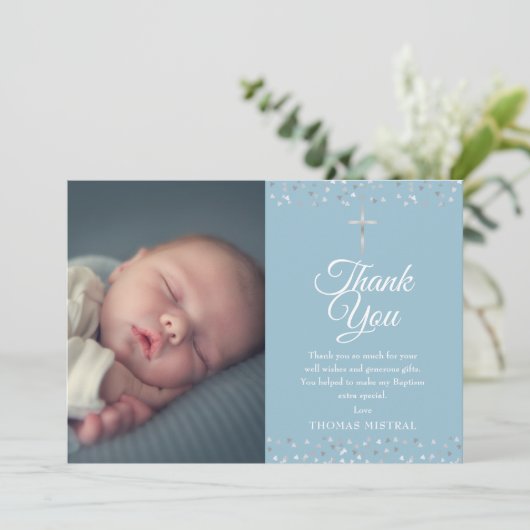 バプテスマ《キリスト教》洗礼式や命名式シルバーハート写真 サンキューカード (スタンド正面)