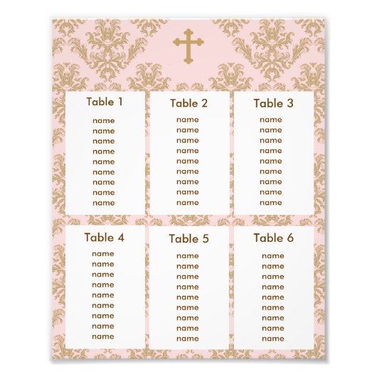 バプテスマ《キリスト教》洗礼式や命名式シーティングチャート金ゴールドピンクダマスク フォトプリント            (正面)