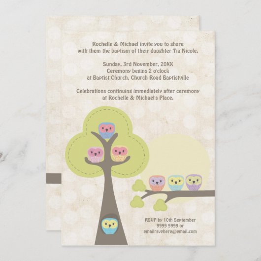 バプテスマ《キリスト教》洗礼式や命名式セレモニーかわいいフクロウ招待状 招待状 (正面/裏面)