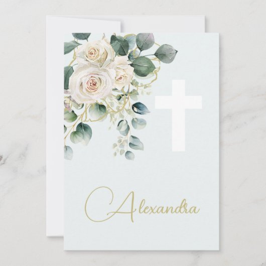 バプテスマ《キリスト教》洗礼式や命名式ソフトグリーン宗教十字架 招待状 (正面)