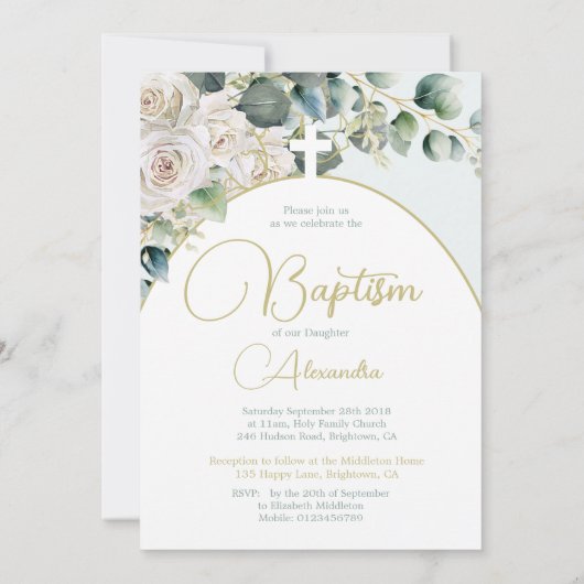バプテスマ《キリスト教》洗礼式や命名式ソフトグリーン宗教十字架 招待状 (裏面)