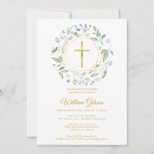 バプテスマ《キリスト教》洗礼式や命名式ダスティブルーガーランド金ゴールドクロス 招待状 (正面)