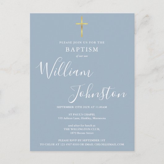 バプテスマ《キリスト教》洗礼式や命名式ダスティーブルー招待状 ポストカード (正面)