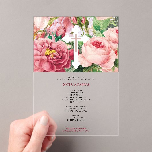 バプテスマ《キリスト教》洗礼式や命名式バプテスムガールピンクローズ アクリル招待状 (インサイチュ (ポータブル))